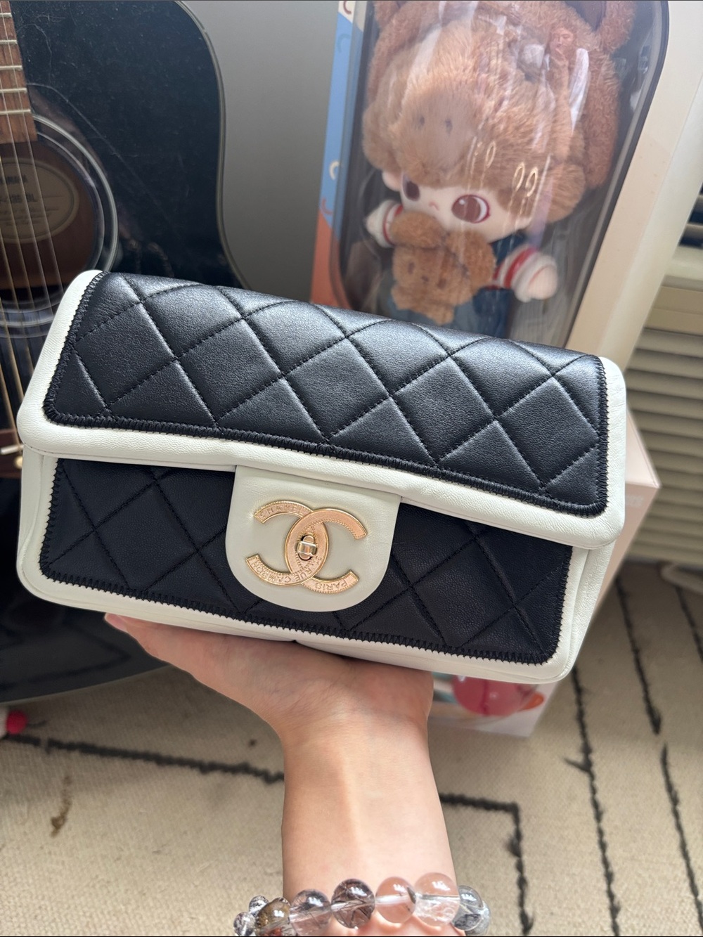 CHANEL Black and White Quilted Mini Shoulder Bag with Gold CC